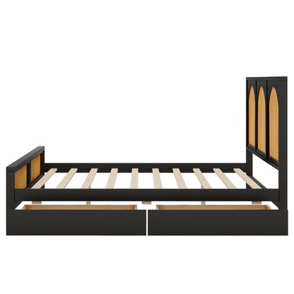 Queen Size Wood Storage Platform Bed with 2 Drawers, Rattan Headboard and Footboard, Black