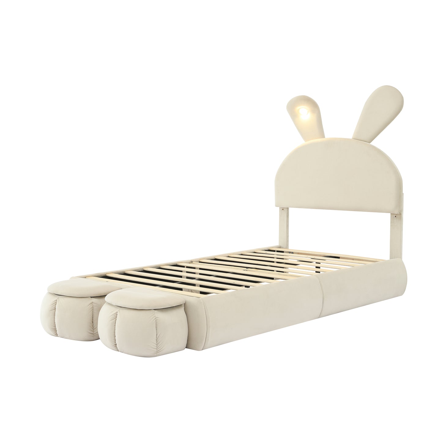 Twin Size Upholstered Platform Bed with Cartoon Ears Shaped Headboard and Light, Beige