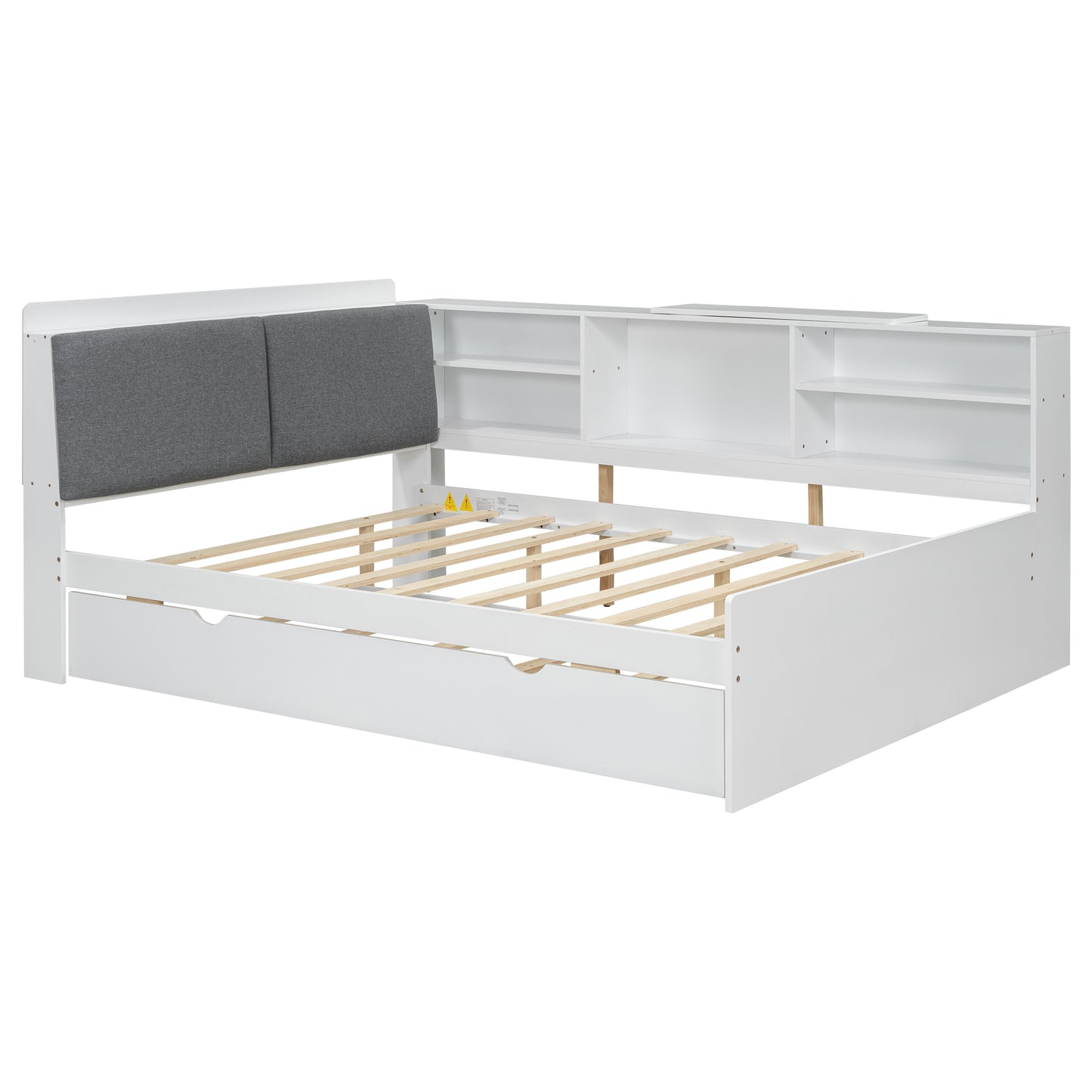 Wood Full Size platform bed with Trundle, Shelves and Storage Headboard, White