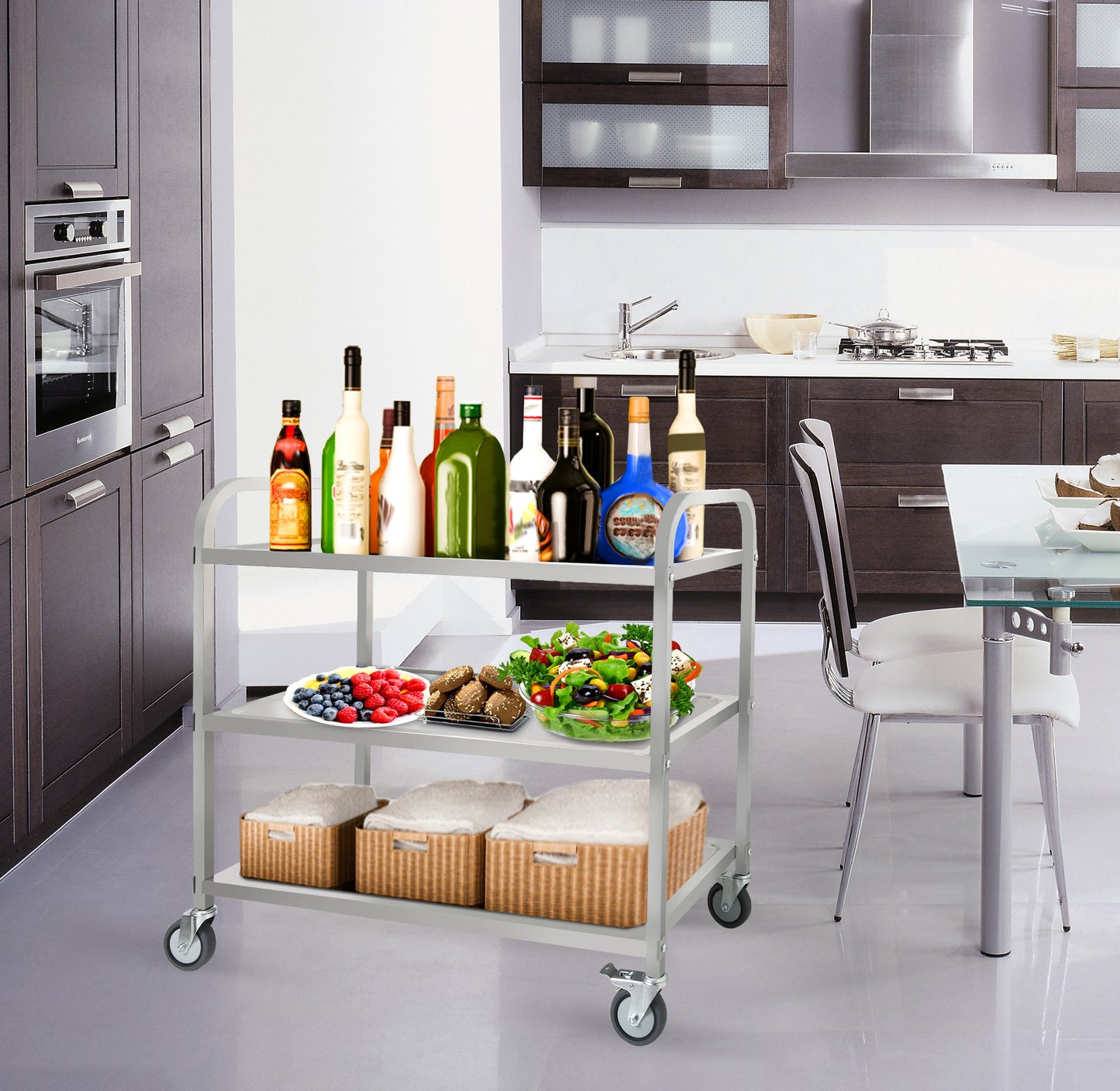 3-Tier Stainless Steel Cart, Serving Cart with Wheels, Restaurant, Household, Service Trolley, 360°Rotation Storage Cart with Locking Wheels 37.4 * 19.2 * 36.6'' L*W*H Rolling Kitchen Food Cart