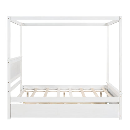 Wood Canopy Bed with Trundle Bed ,Full Size Canopy Platform bed With  Support Slats .No Box Spring Needed, Brushed White