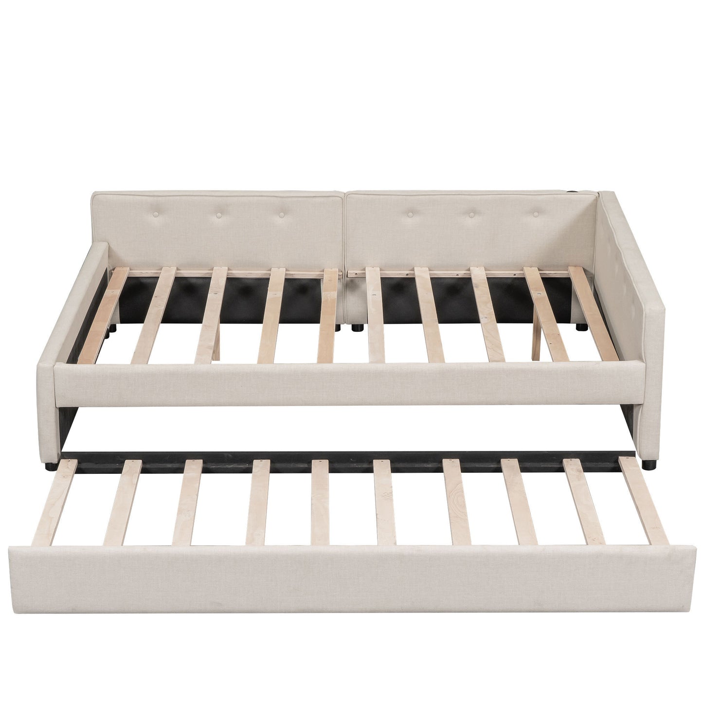 Full Size Upholstered Platform Bed with USB and Twin Size Trundle, Beige