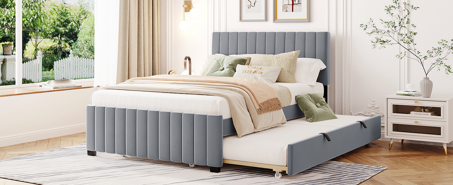 Full Size Velvet Upholstered Platform Bed with Twin Size Trundle, Gray