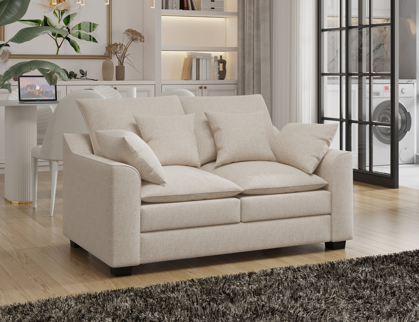 2 Pieces Sofa Couch 3-Seater and Loveseat with Pillows Polyester Upholstered Duck Down Filled Cushion Sofa Set for Living Room Apartment,Beige