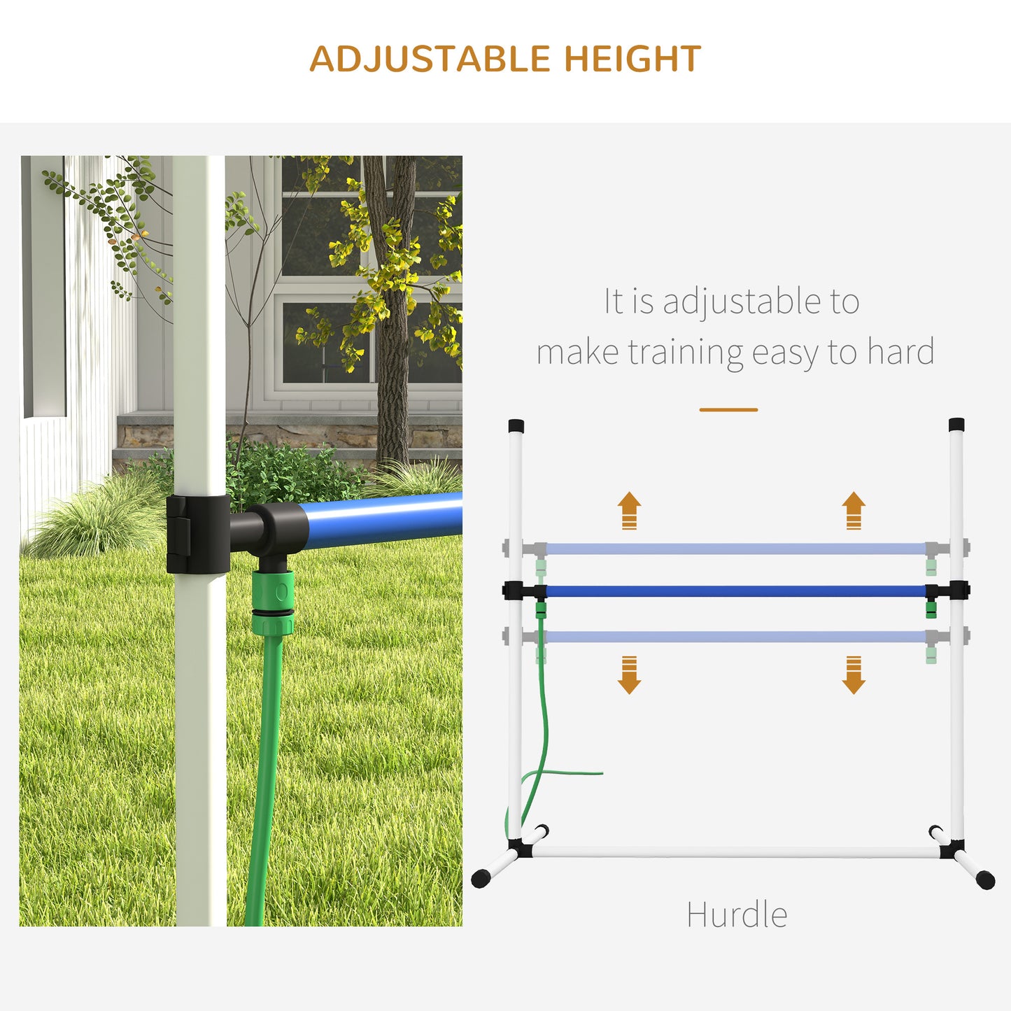PawHut 3 Piece Dog Agility Training Equipment Set, Dog Agility Set with Adjustable Height Hurdles, Spray Water Tube, Whistle, Carry Bag, White