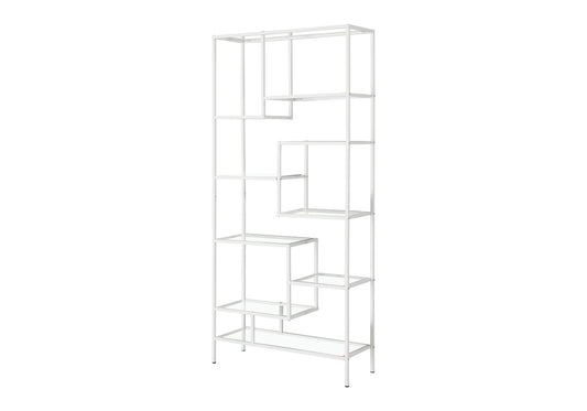 Bookshelf, Bookcase, Etagere, 72"h, Office, Bedroom, Clear Tempered Glass, White Metal, Contemporary, Modern