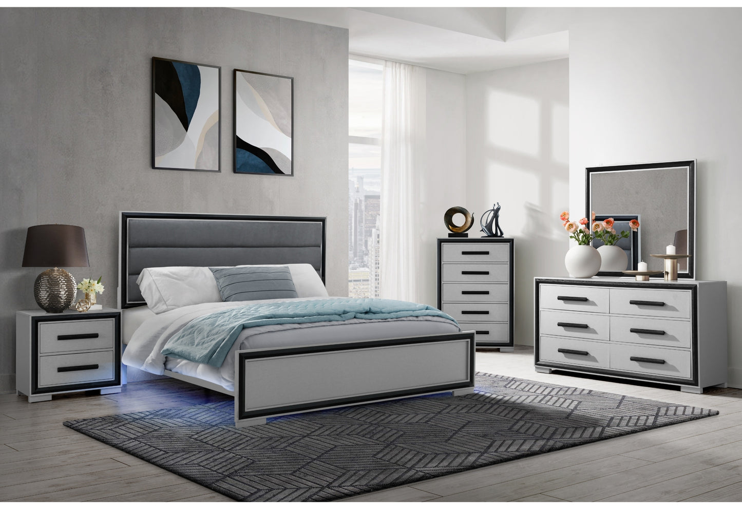 ADELAIDE GREY BLACK QUEEN BED W/LED