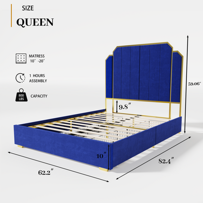 Queen Size Bed Frame and 59.06" Headboard, Upholstered Bed with Golden Plating Trim, Modern Platform Bed No Box Spring Needed, Navy Blue Queen Bed