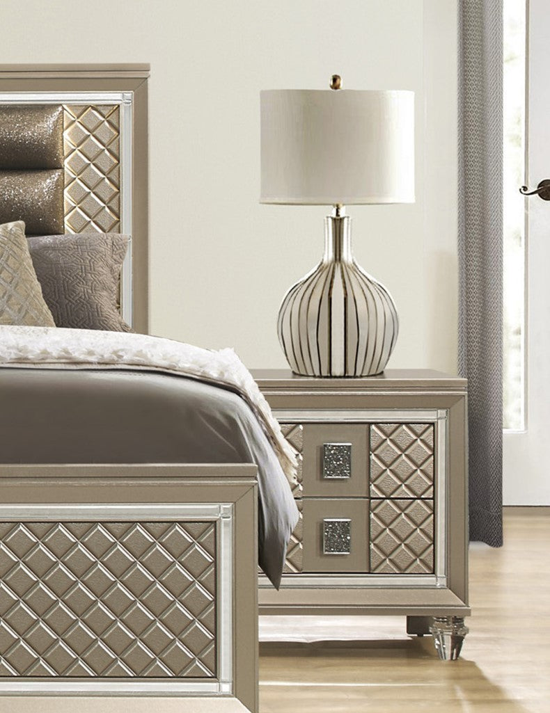 Glamorous Champagne Finish 1pc Nightstand of 2 Drawers Acrylic Feet Bedside Table Luxury Bedroom Furniture Beveled Mirror Trim