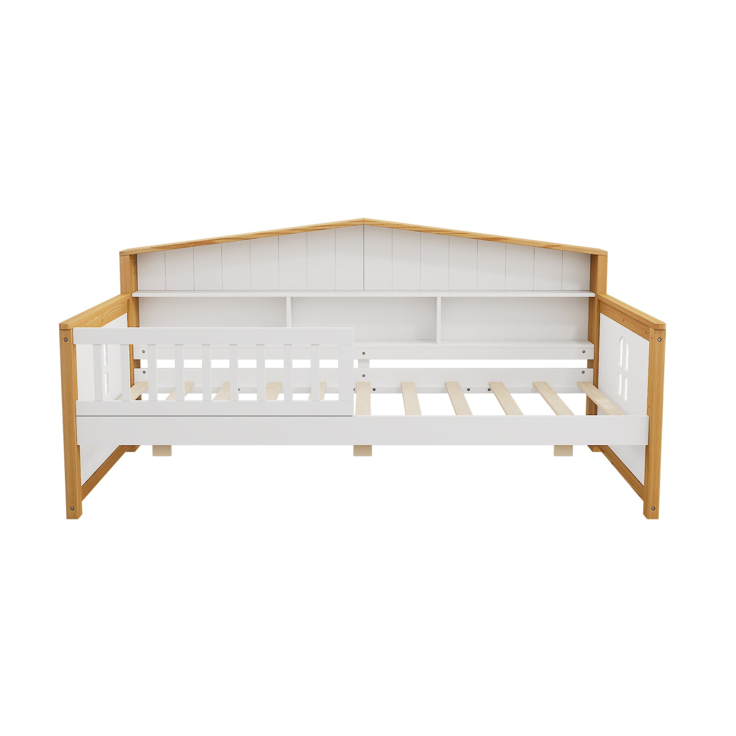 Twin Size House Shape Daybed with Trundle and Bookcase Headboard  Wooden  Bed Safety Fence Guardrails  Bed for Girls Boys Teens, No Box Spring Needed, Walnut and White