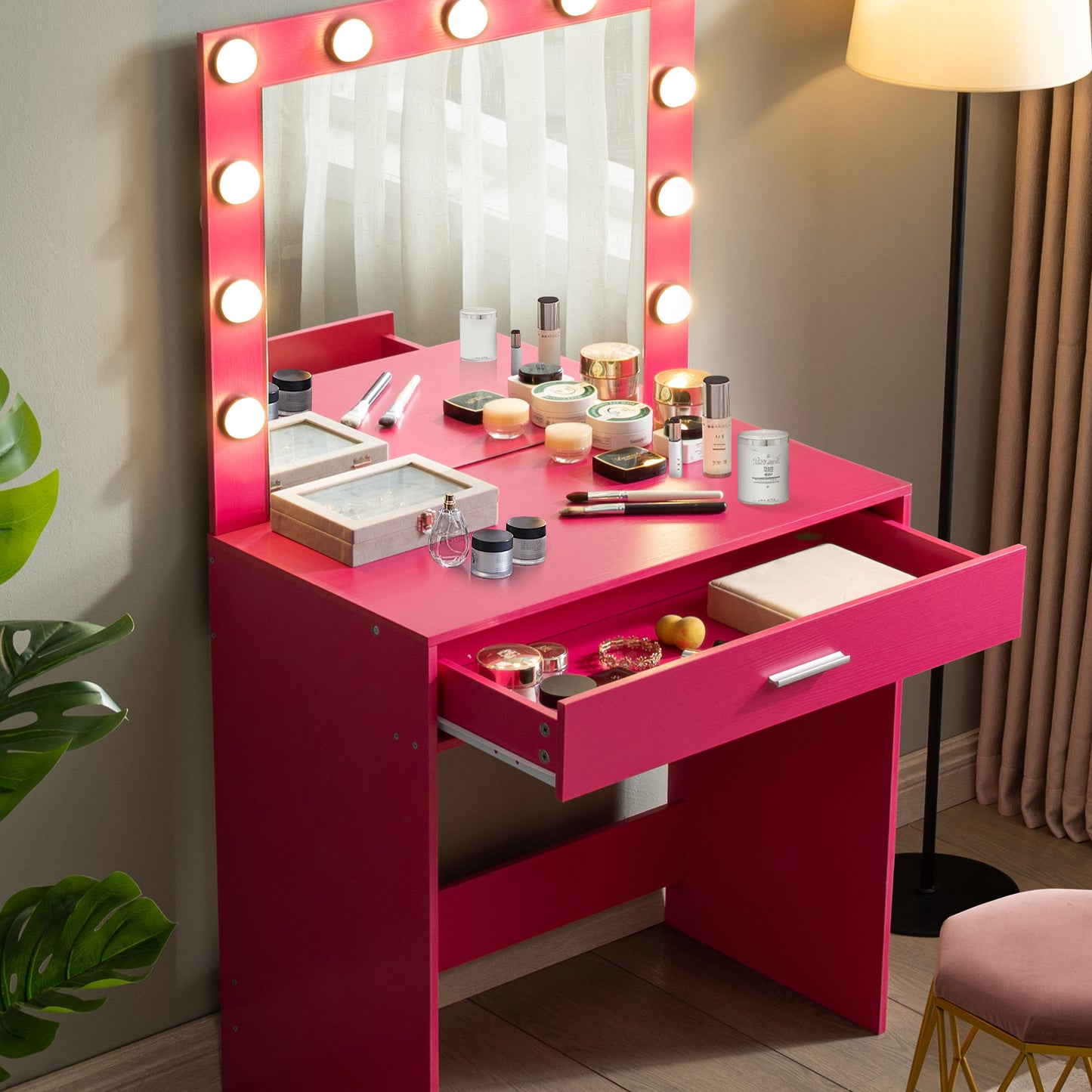 Vanity Desk with Mirror and Lights, Dressing Table with Large Drawer, 1 Level Storage Dresser & 3 Lighting Modes Adjustable Brightness, Suitable for Bedroom(Pink)