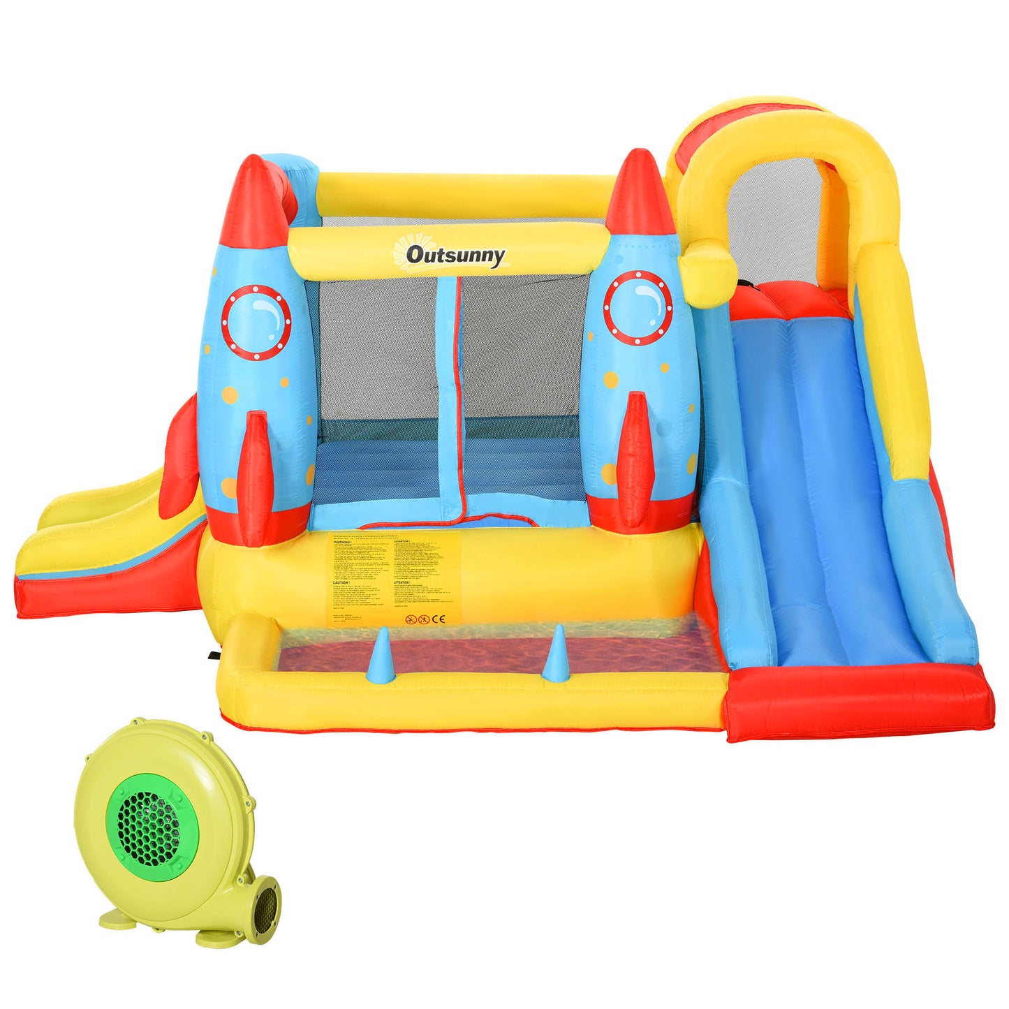 Outsunny Kids Inflatable Water Slide, 4-in-1 Bounce House Jumping Castle with 2 Slides, Climbing Wall, Trampoline, & Water Pool Area, Air Blower