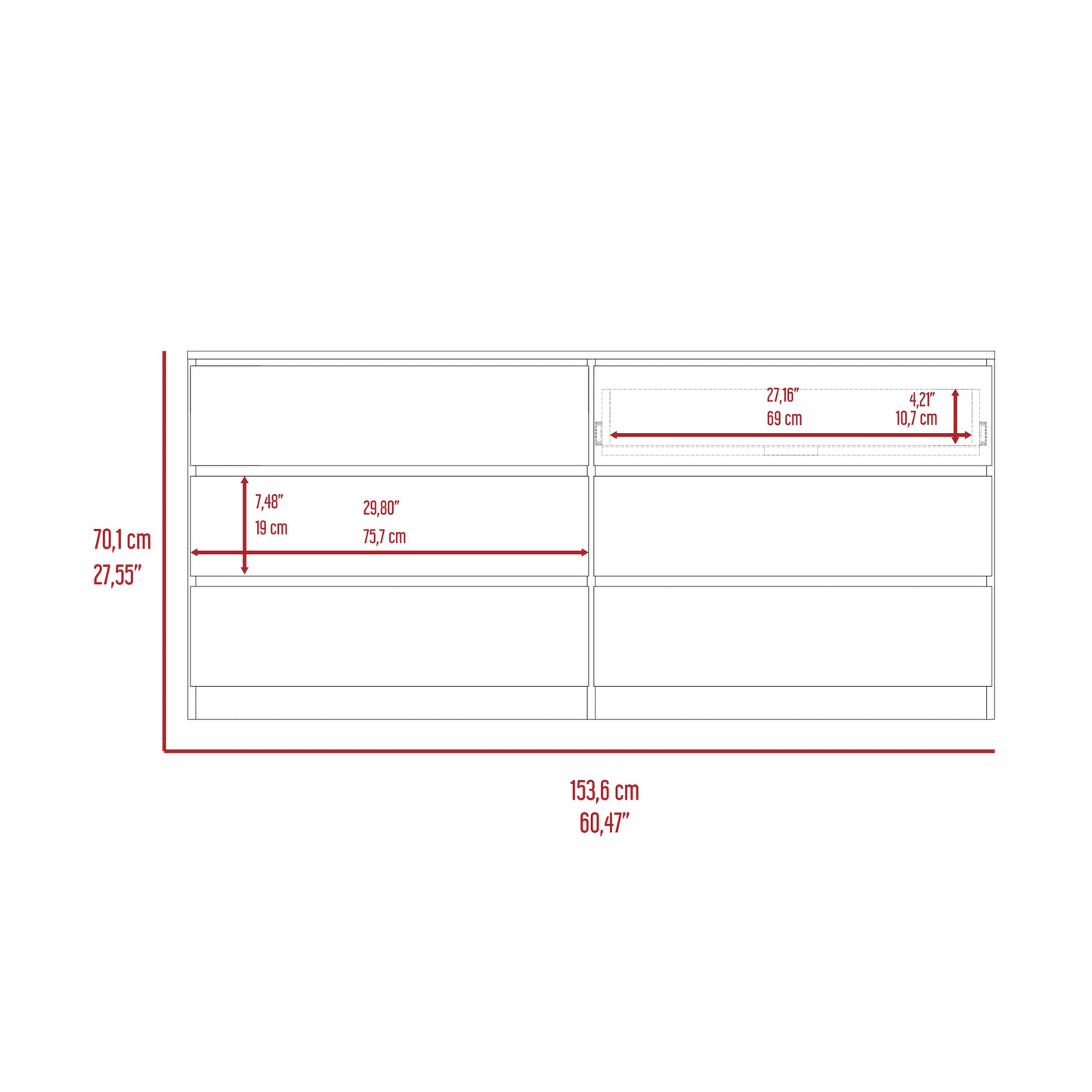 6 Drawer Double Dresser, Superior Top, White