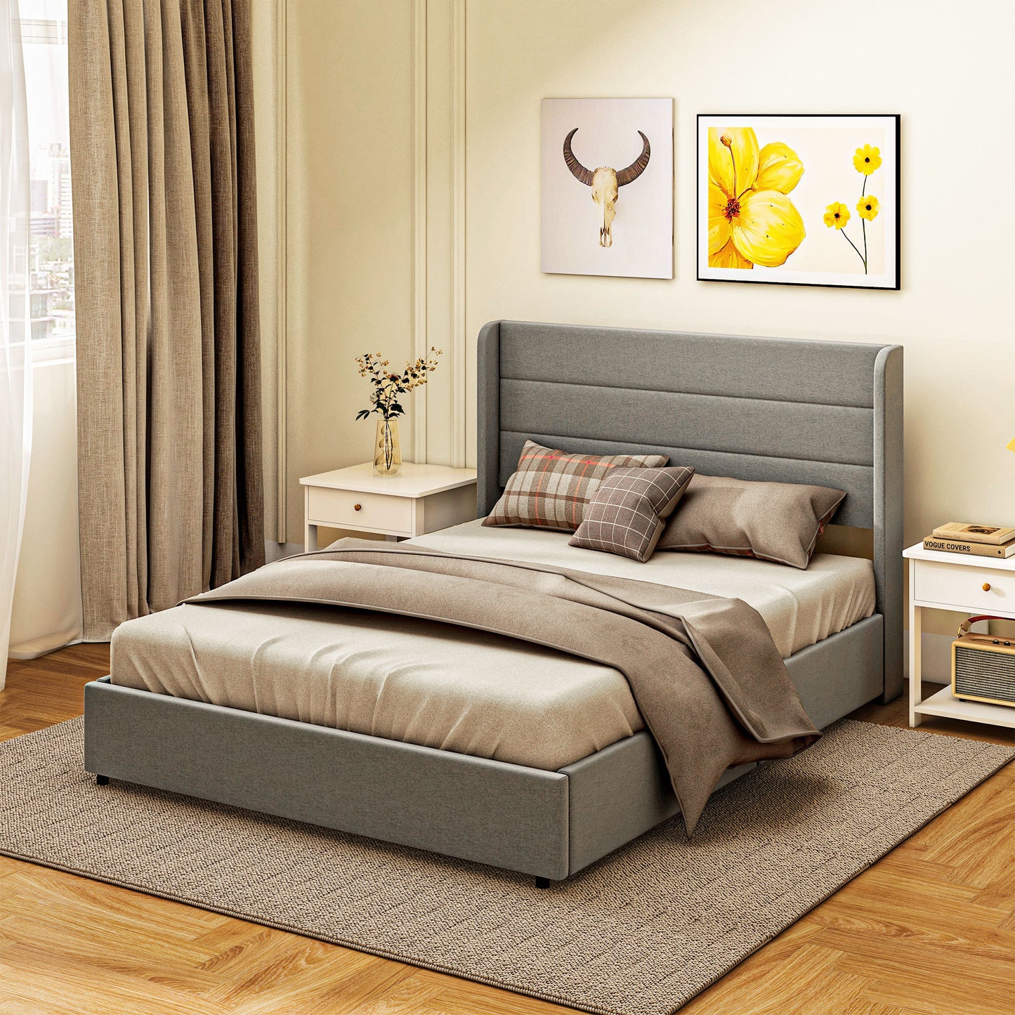 HOMCOM Full Size Bed Frame with Headboard, Upholstered Platform Bed Frame with Storage Drawers, Wood Slats, Noise-Free, and Easy Assembly, No Box Spring Needed, Light Gray