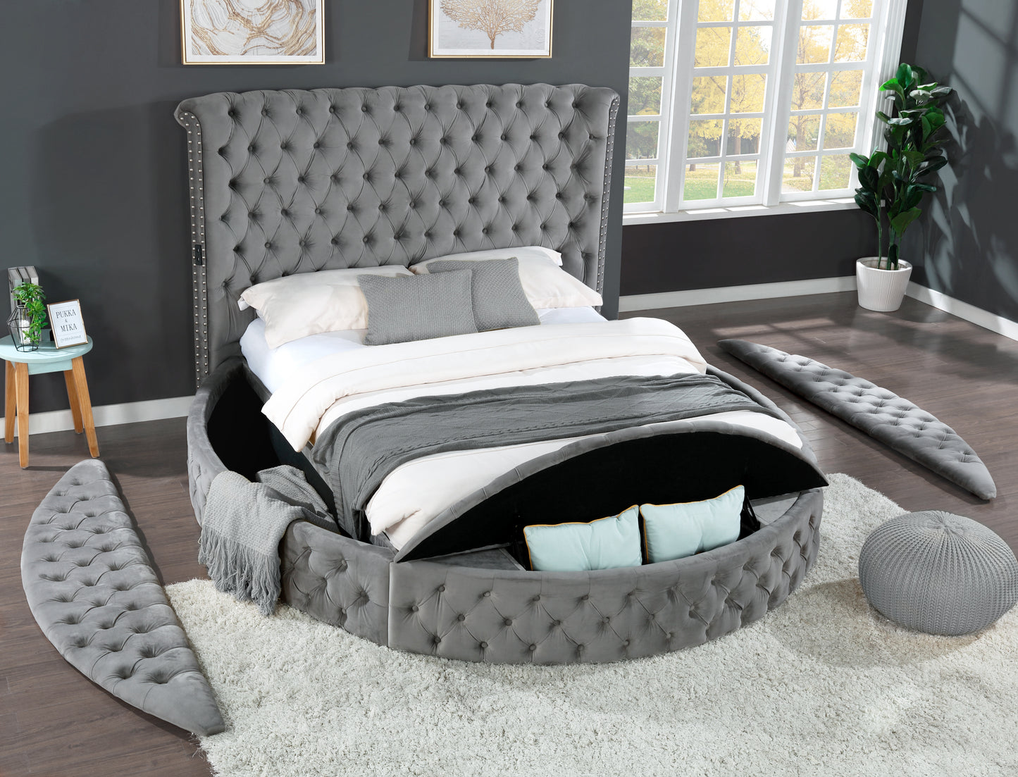 King Size Tufted Storage Bed made with Wood in Gray