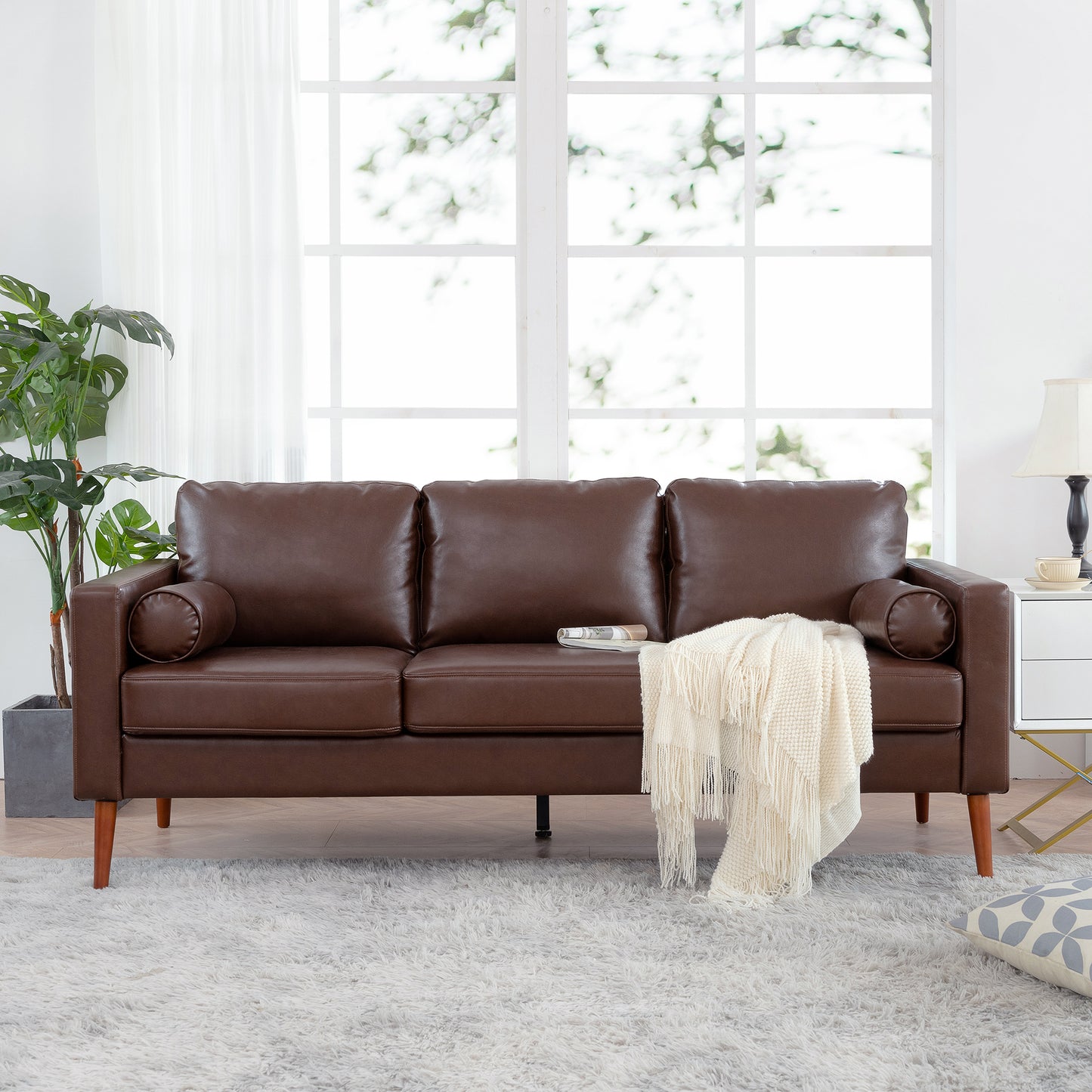 Small Sofa Couch 76.97 in . Brown 3 Seat Comfy Couches for Living Room, Mid Century Modern Couch with iron wood structure , Soft Cushion Sofa for Home/Office/Apartment,