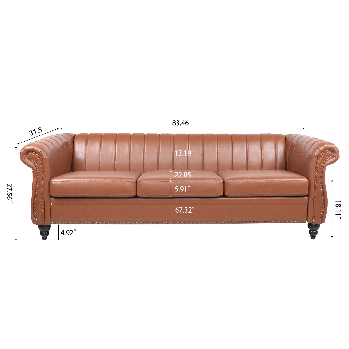 83.46" Brown PU Rolled Arm Chesterfield Three Seater Sofa.