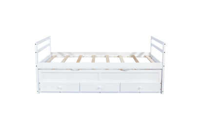 Twin Size Bed with Headboard, Footboard, Trundle and Three Storage Drawers, Twin Size Pine Wood Bed with Headboard, Footboard,White