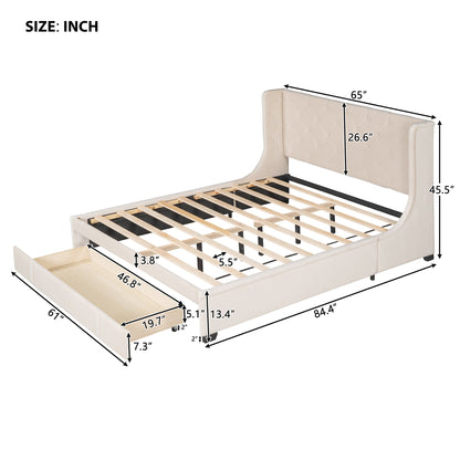 Queen Size Storage Bed Velvet Upholstered Platform Bed with Wingback Headboard and a Big Drawer (Beige)