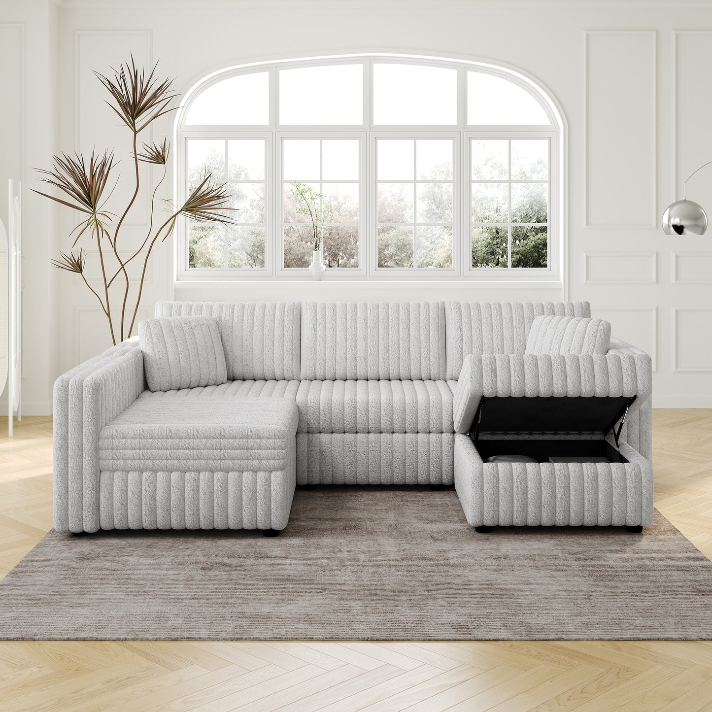 106.3" Soft Rabbit Plush U-shaped 4-Person Sofa. Matches 30.7" Ottoman with Hydraulic Lift. Comfortable & Stylish. For Bedroom & Living Room. Light Gray. Modern Furniture. Modular Design.