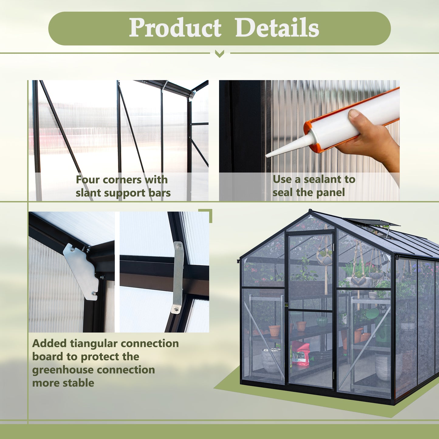 6' x 12' Thicked Polycarbonate Greenhouse, Greenhouse with Double Flush Door, Rain Gutter and Ventilation Window, Green House for Sunroom, Garden, Backyard, Walk-in Large Winter Greenhouse