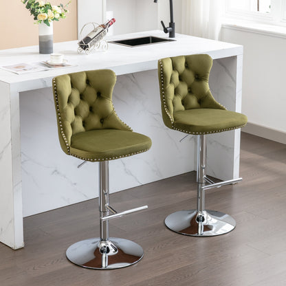 Swivel Velvet Barstools Adjusatble Seat Height from 25-33 Inch, Modern Upholstered Chrome base Bar Stools with Backs Comfortable Tufted for Home Pub and Kitchen Island, Olive-Green,Set of 2,1712OL