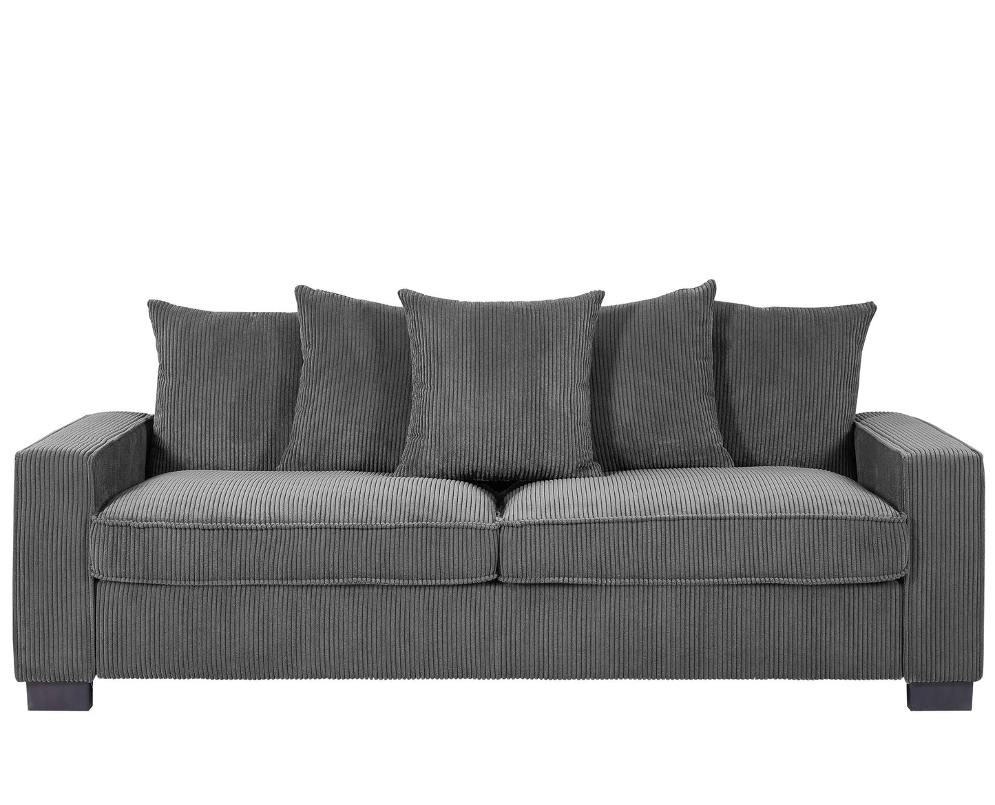 Luxe Corduroy Sofa with 5 Matching Toss Pillows, Sleek Design, Spacious and Comfortable 3 Seater Couch for Modern Living Room, Large, Grey