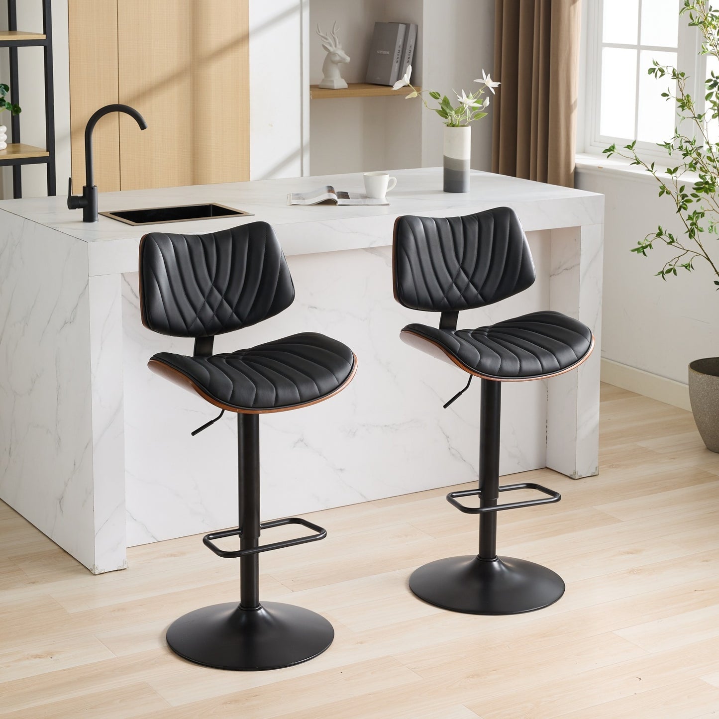 Walnut Bentwood Bar Stools Mid Century Modern Adjustable Counter Height Black Leather Upholstered 360°Swivel Bar Chairs for Kitchen Island/Dining Room/Cafe, 1 chair/1carton,Black