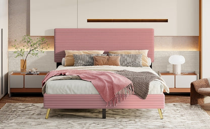 Queen Size Corduroy Upholstered Bed Frame, Platform Bed with Horizontal Stripe Headboard, No Box Spring Needed, Pink