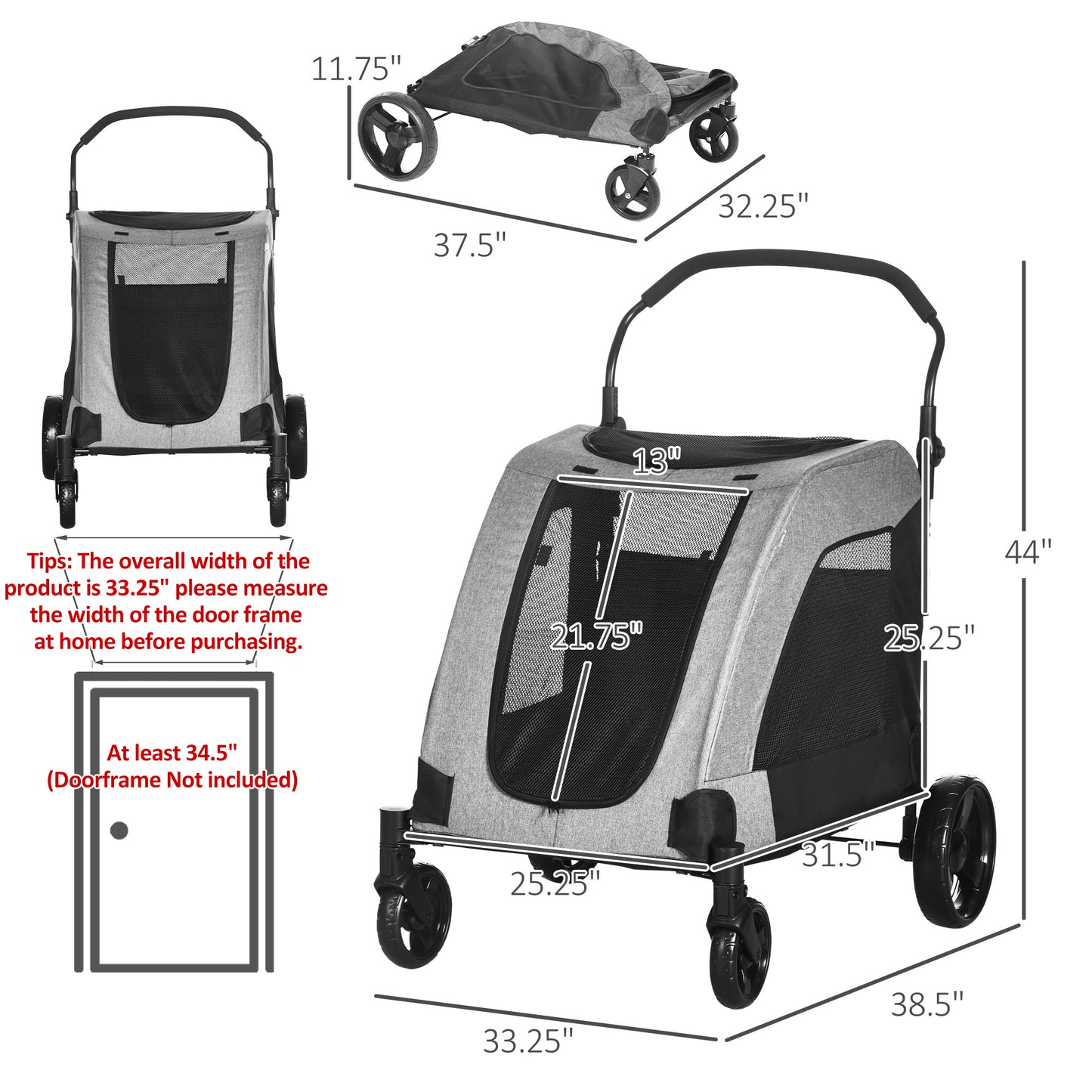 PawHut Pet Stroller Universal Wheel with Storage Basket Ventilated Foldable Oxford Fabric for Medium Size Dogs, Grey