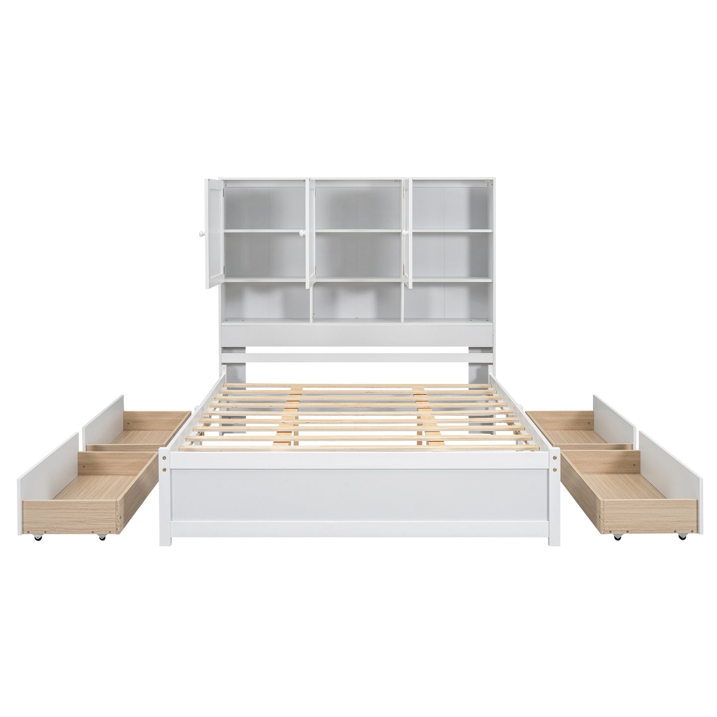 Queen Size Platform Bed with Storage Headboard and 4 Drawers, White