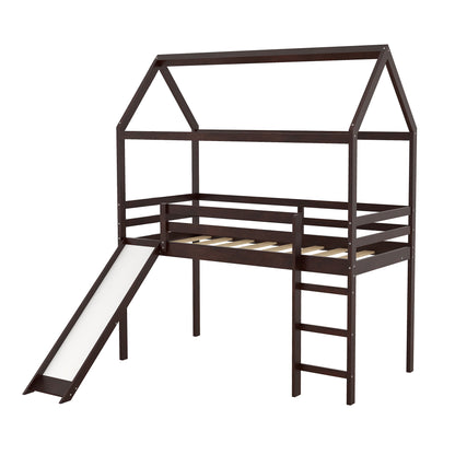 Twin Loft Bed with Slide, House Bed with Slide,Espresso(OLD SKU :WF286245AAP)