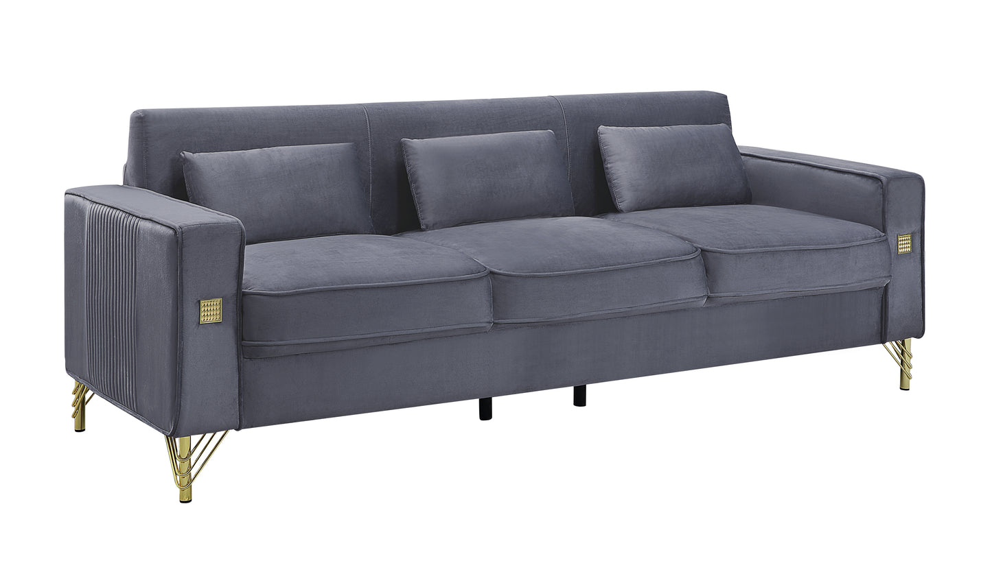 Velvet Sofa with Pillows and Gold Finish Metal Leg for Living Room