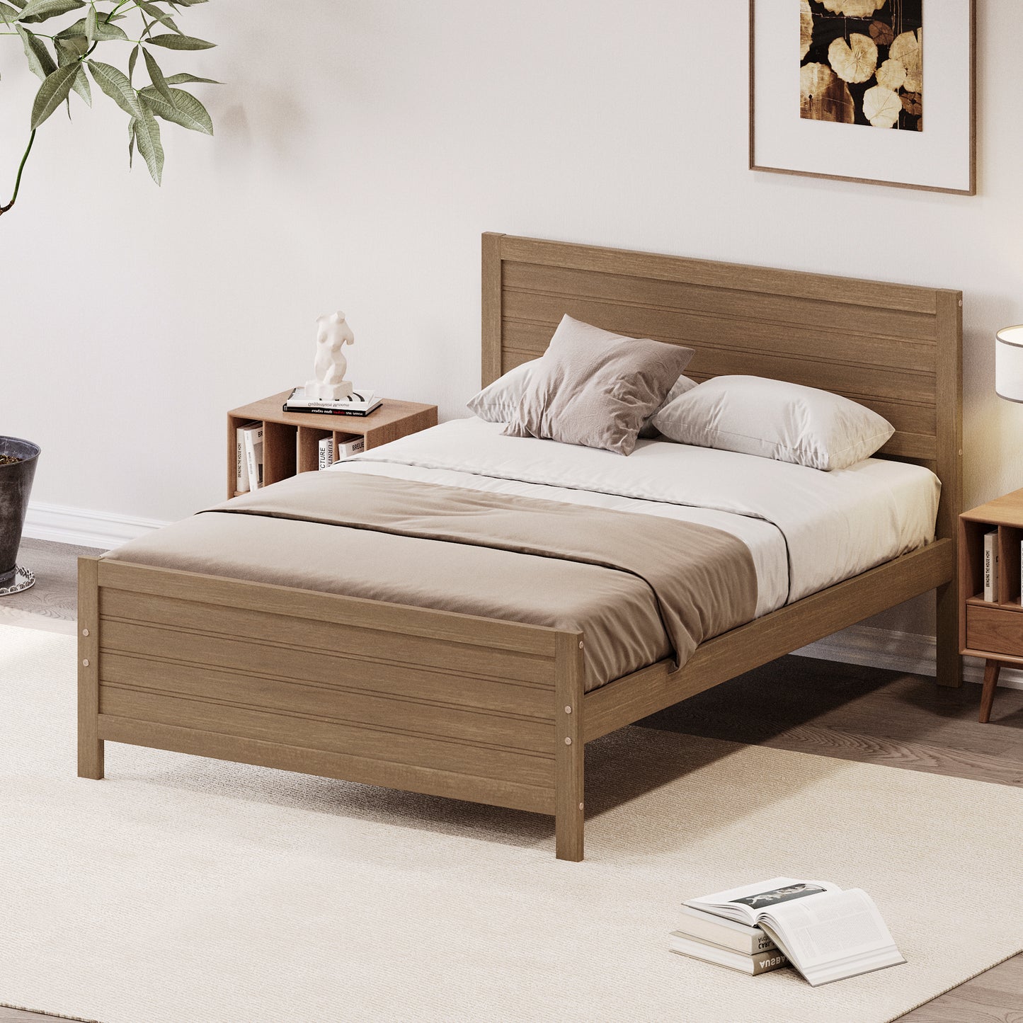 Wood Platform Bed Frame with Headboard, Mattress Foundation with Wood Slat Support, No Box Spring Needed, Full Size, Walnut