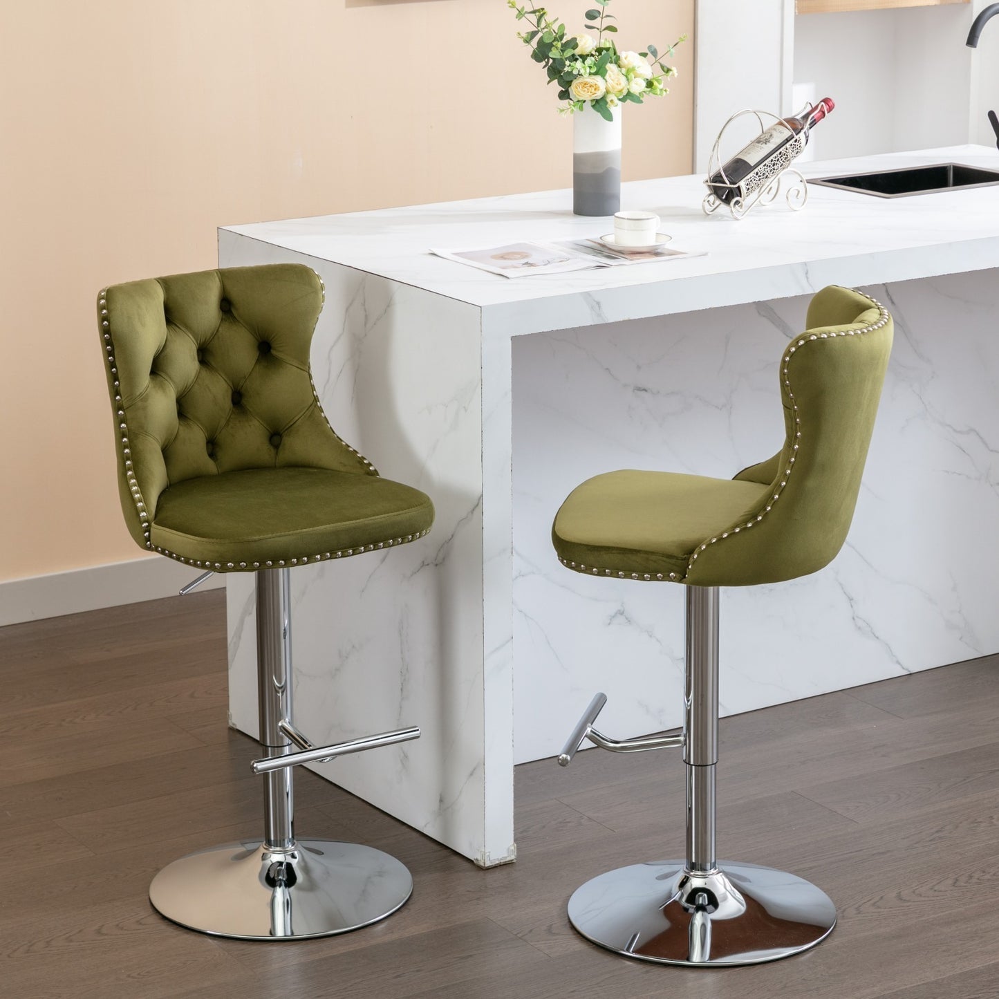 Swivel Velvet Barstools Adjusatble Seat Height from 25-33 Inch, Modern Upholstered Chrome base Bar Stools with Backs Comfortable Tufted for Home Pub and Kitchen Island, Olive-Green,Set of 2,1712OL