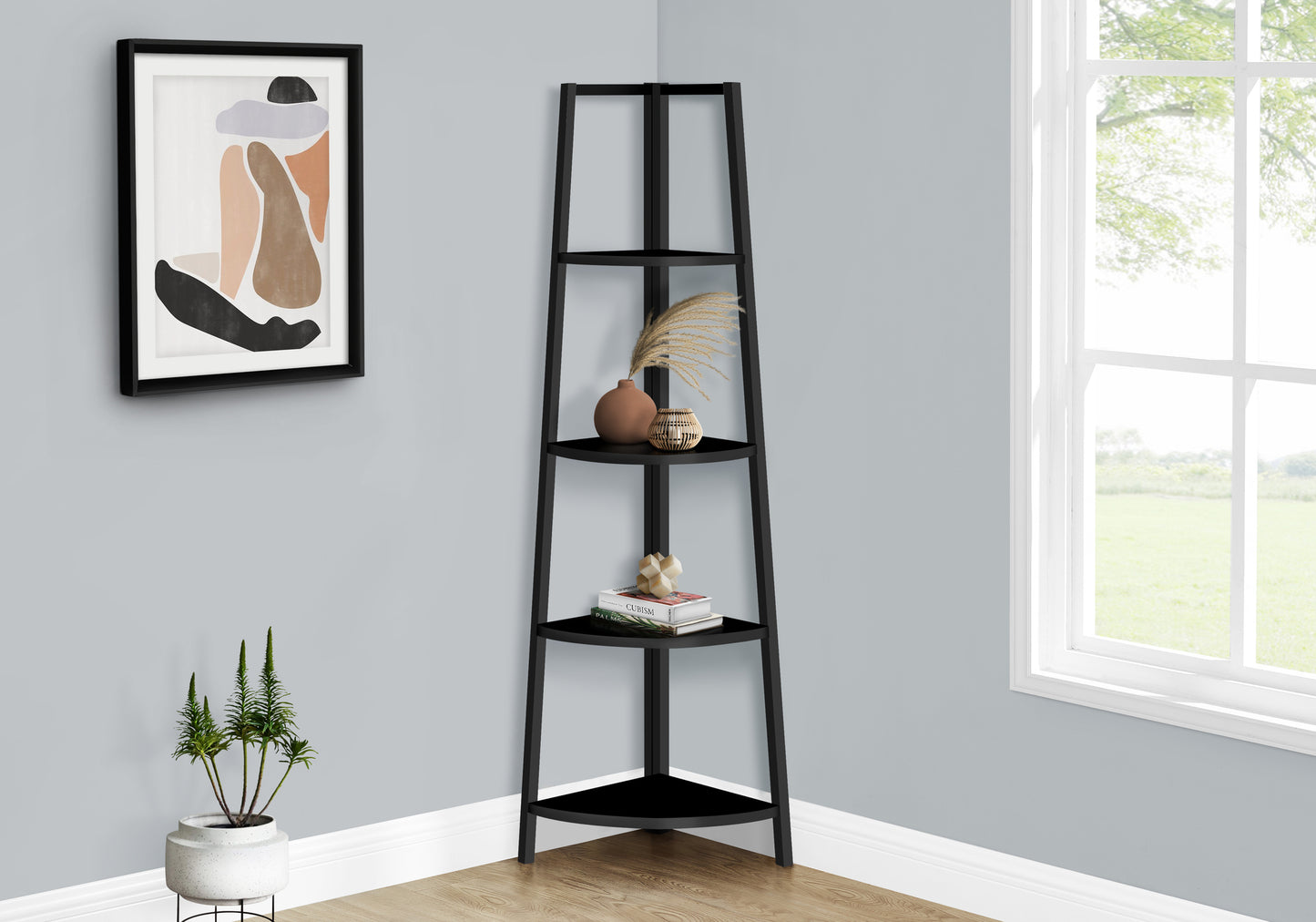 Bookshelf, Bookcase, Etagere, Corner, 4 Tier, 60"h, Office, Bedroom, Black Laminate, Black Metal, Contemporary, Modern