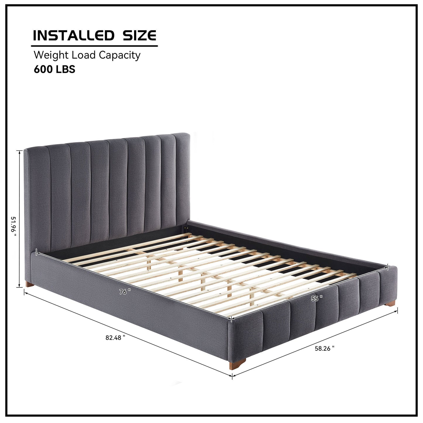 Full Size Modern Design Bed Frame Upholstered Queen Bed Frame Platform with Headboard Fabric Headboard Wooden Slats Support, No Box Spring Needed,Mattress Foundation,Dark Grey