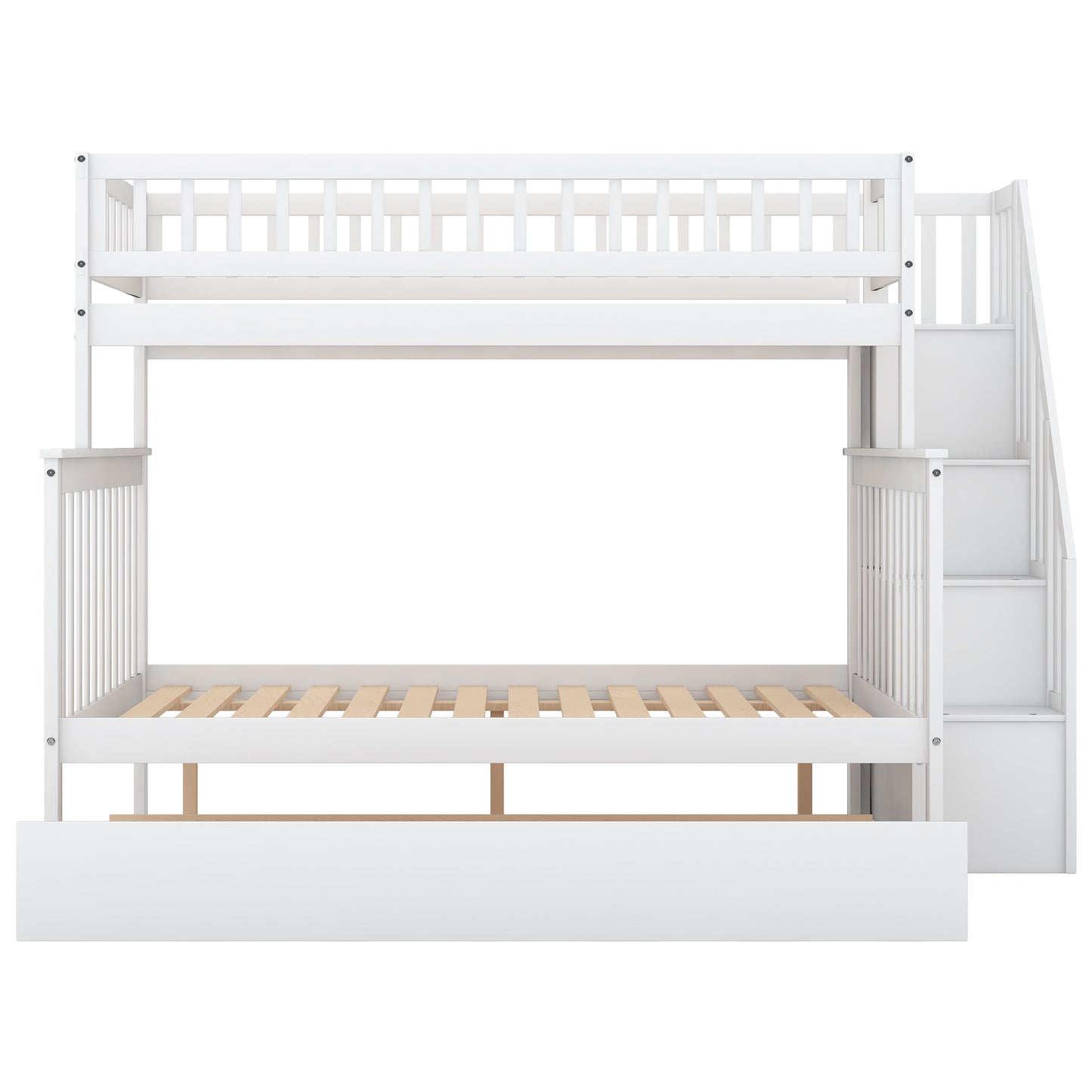 Spacey Twin over Full Bunk Bed with Trundle and Staircase, White