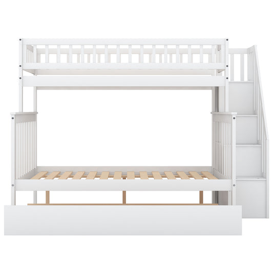Spacey Twin over Full Bunk Bed with Trundle and Staircase, White
