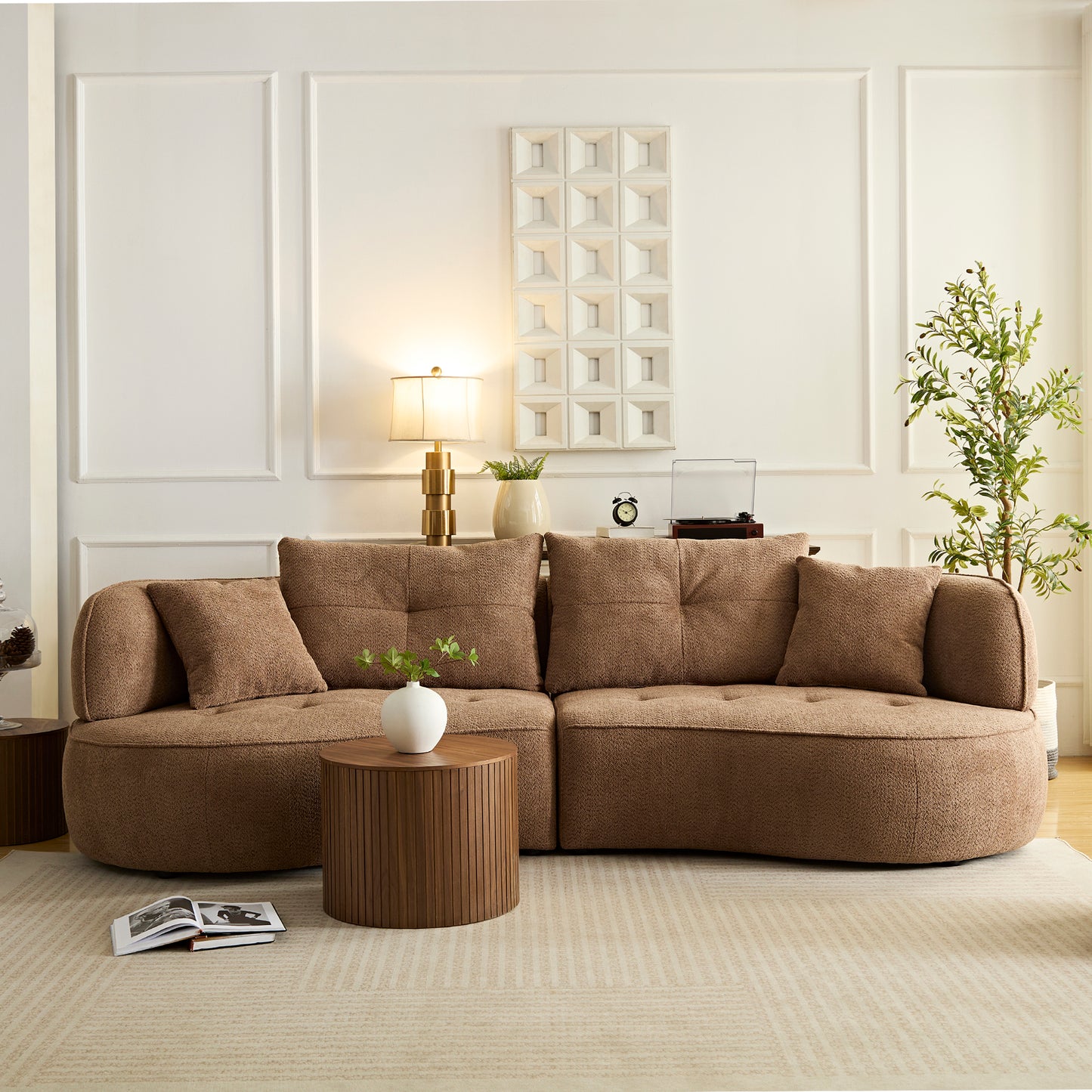 WKS7C Camel color combo sofa with detachable pillows, durable fabric, solid wood frame