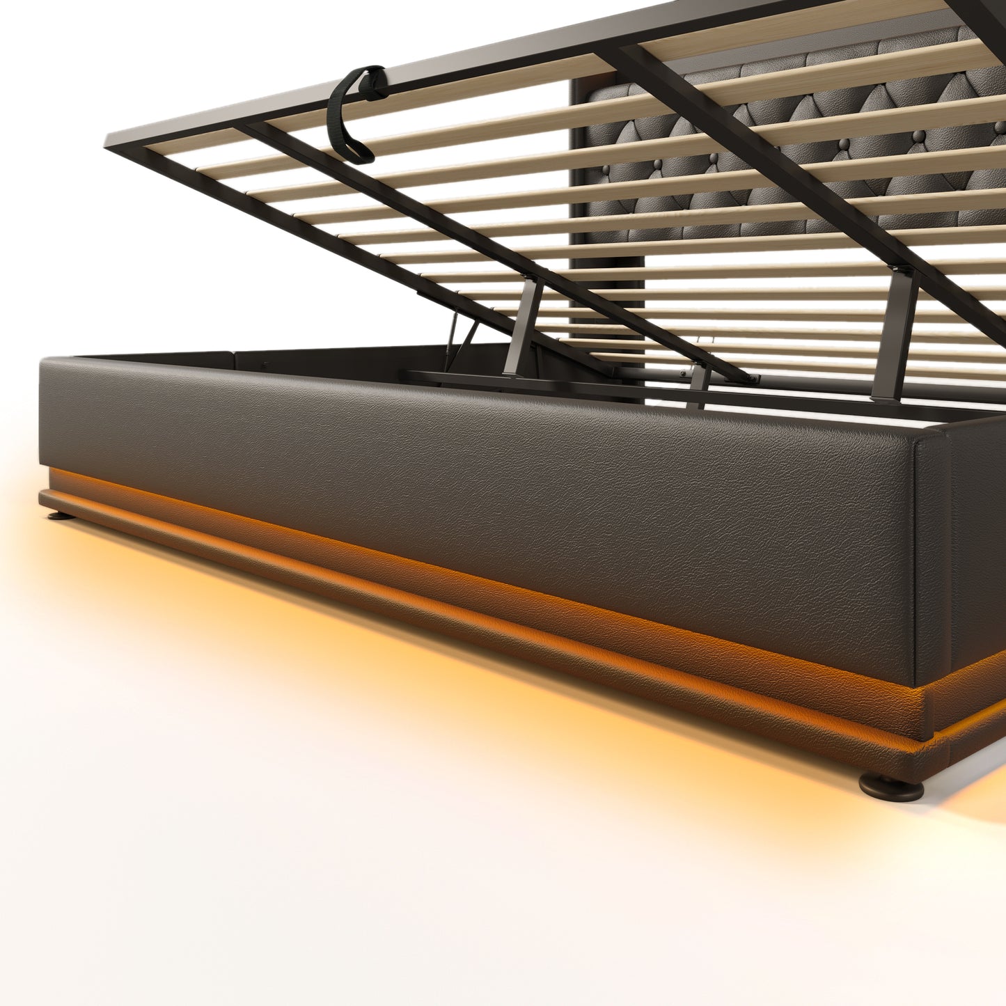 King size Upholstered bed, 360 surround LED function, Buttons/Apps/Remote Control, hydraulic storage bed with USB Type-C charging, Black, PU (Without mattress)