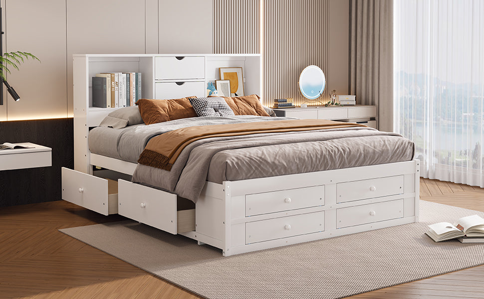 King Size Platform Bed with Storage Headboard and 8 Drawers, White