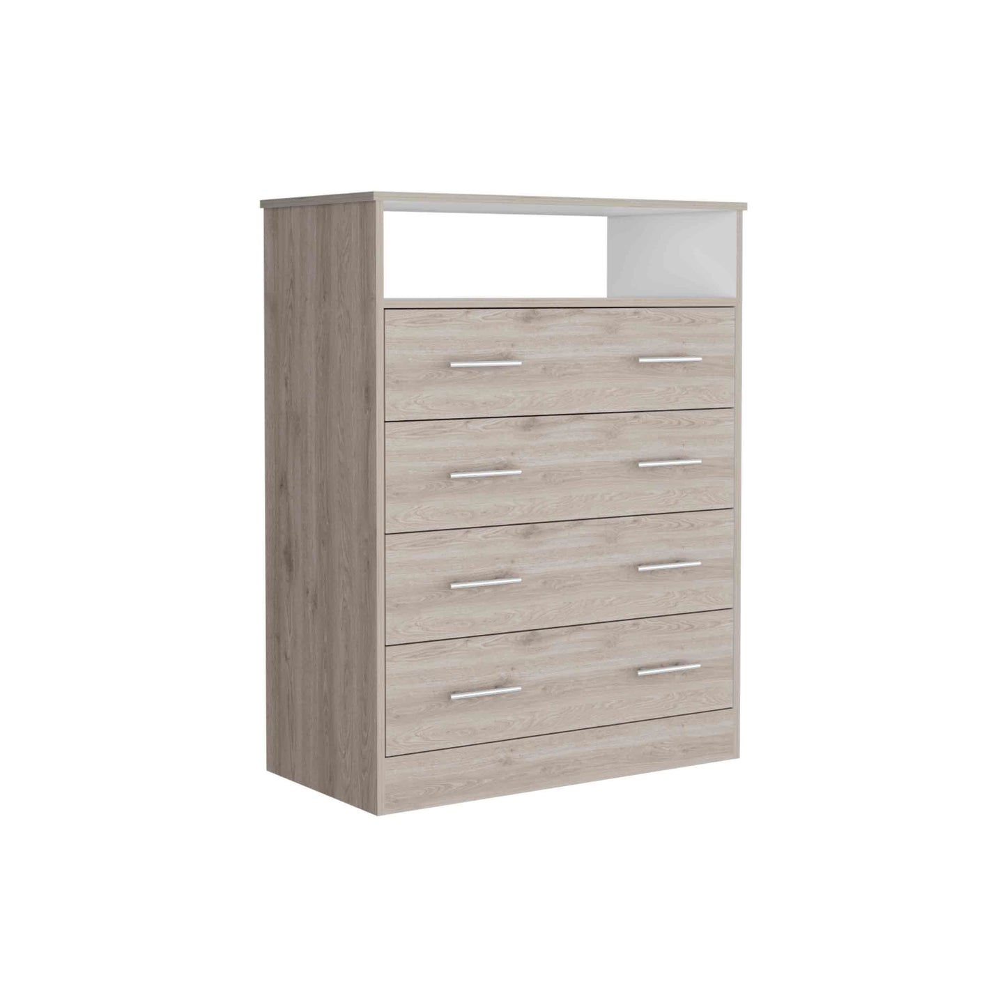 Peru L Four Drawer Dresser, Superior Top, One Open Shelf -Light Gray / White