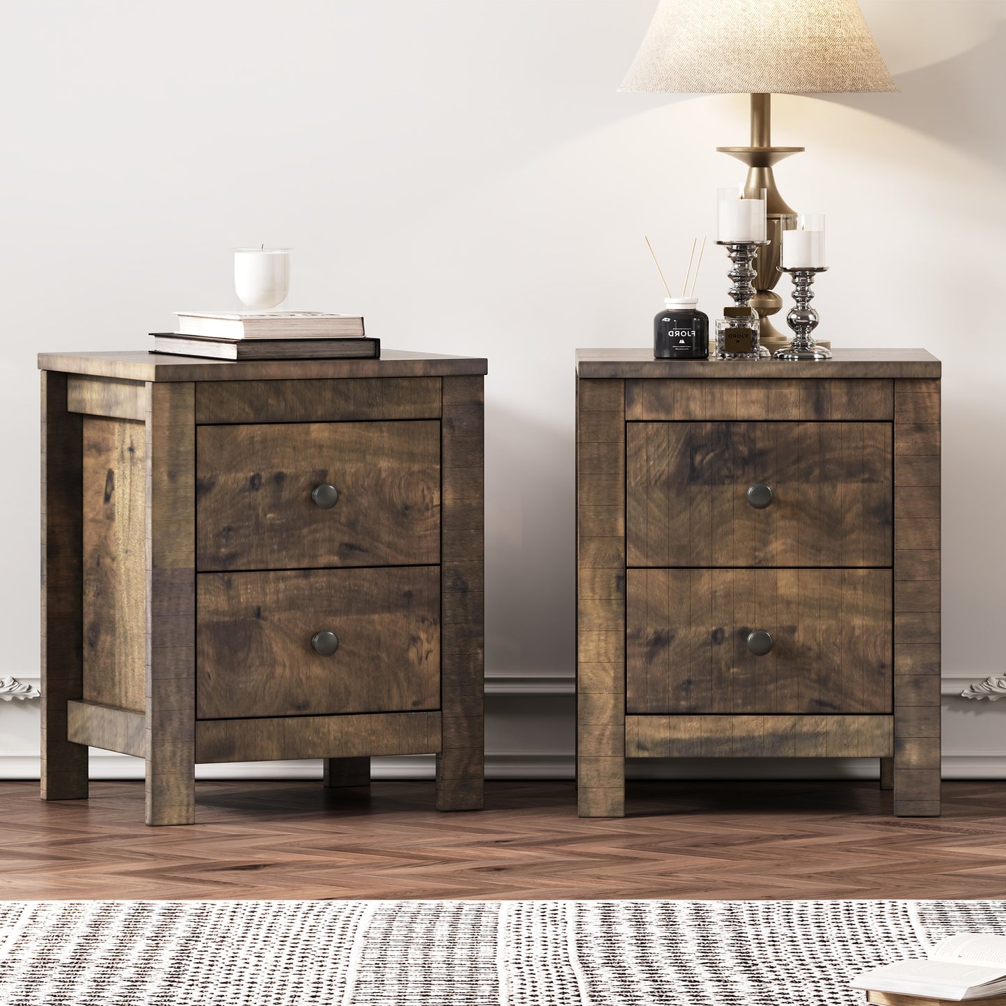 Farmhouse Wooden Nightstand Set of 2 with Retro Design, Wood Side Table with Storage Cabinet for Bedroom, Antique Walnut