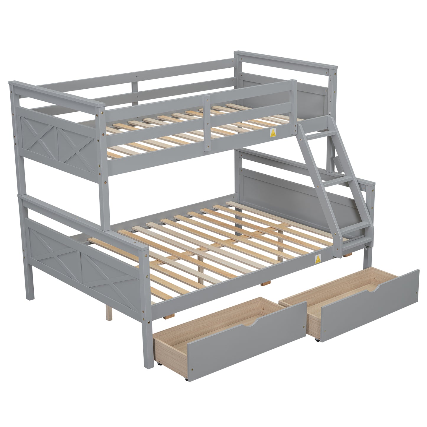 Gray Twin over Full Bunk Bed with Ladder, Two Storage Drawers, Safety Guardrail, Pine Wood and MDF Construction, 79.3''L x 57.1''W x 61.3''H