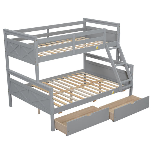 Gray Twin over Full Bunk Bed with Ladder, Two Storage Drawers, Safety Guardrail, Pine Wood and MDF Construction, 79.3''L x 57.1''W x 61.3''H
