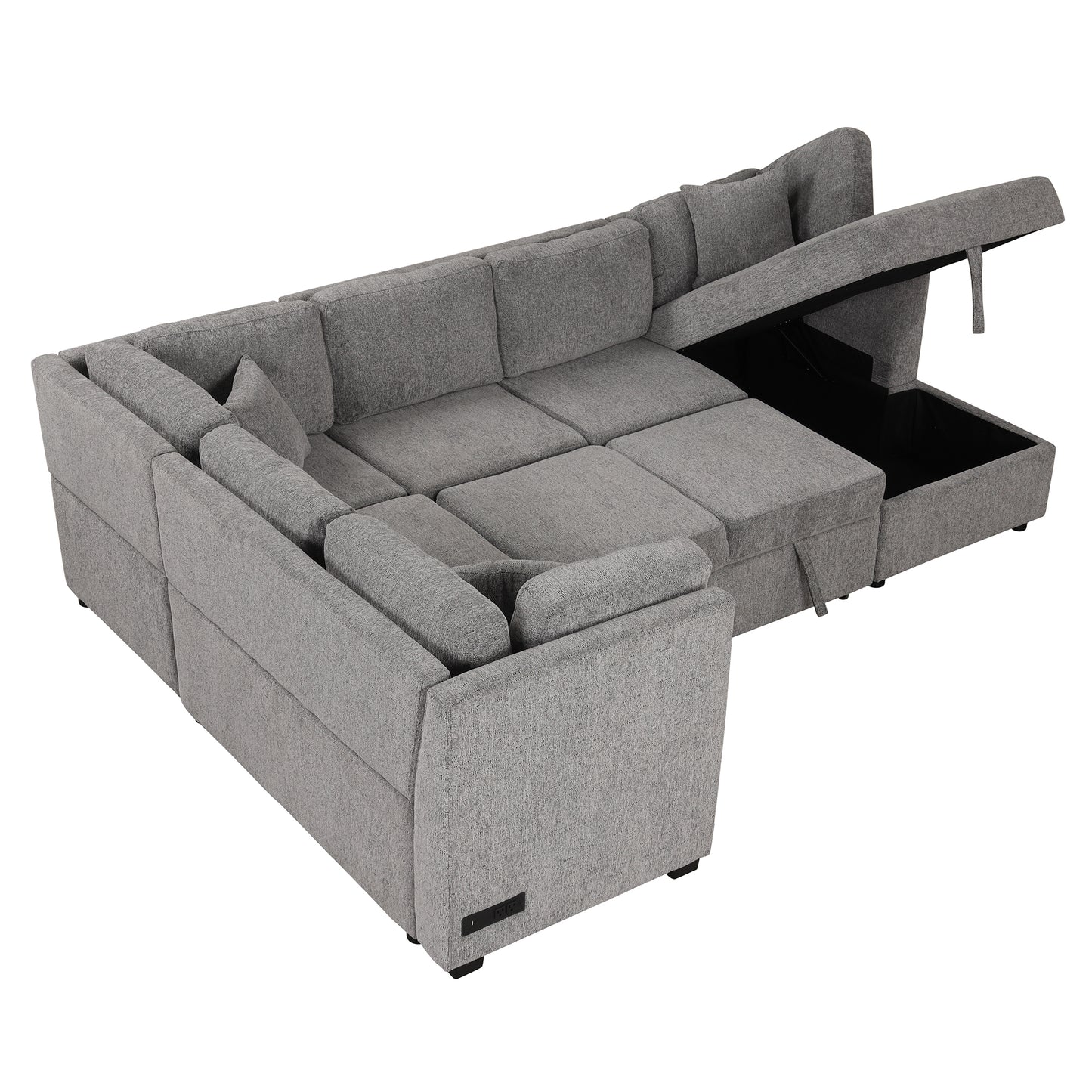 108.6" U-shaped Sectional Sofa Pull out Sofa Bed with Two USB Ports, Two Power Sockets, Three Back Pillows and a Storage Chaise for Living Room, Light Gray