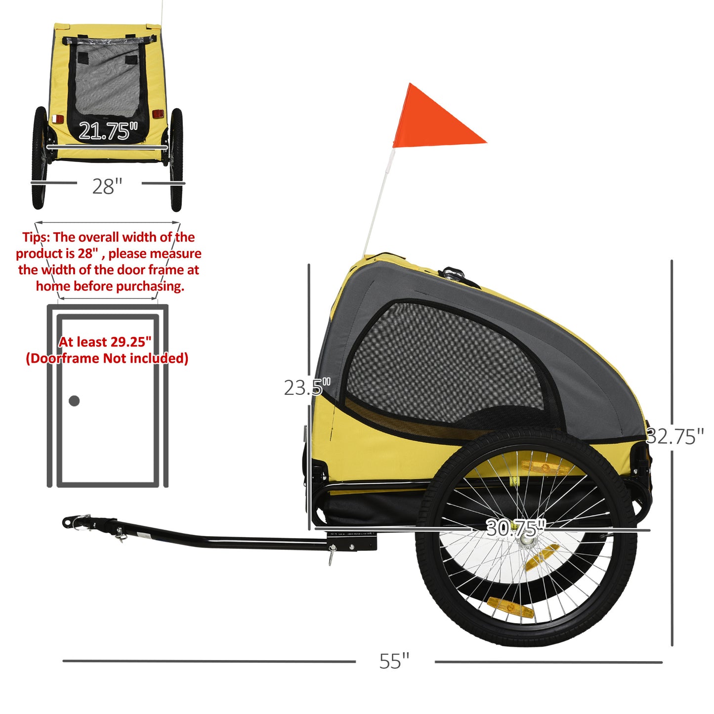 Aosom Dog Bike Trailer, Pet Bike Wagon with Steel Frame, Hitch Coupler, Quick Release Wheels, Reflectors, Flag, Pet Travel Carrier for Medium Dogs, Yellow