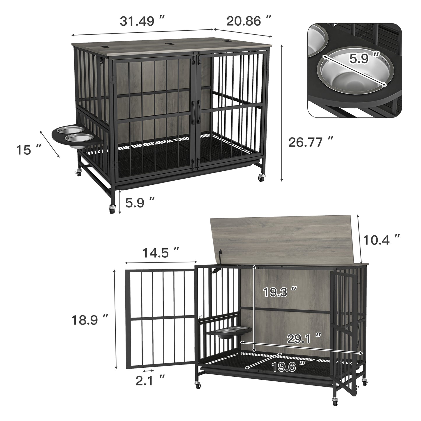 Modern Kennel Dogs room up to 60 LB, Dog crate furniture with Multi-Purpose Rremovable Ttray, Double-Door Dog House, lift Panel, 360 Degree Rotation -3 Height Adjustable Feeding Bowls(Grey)