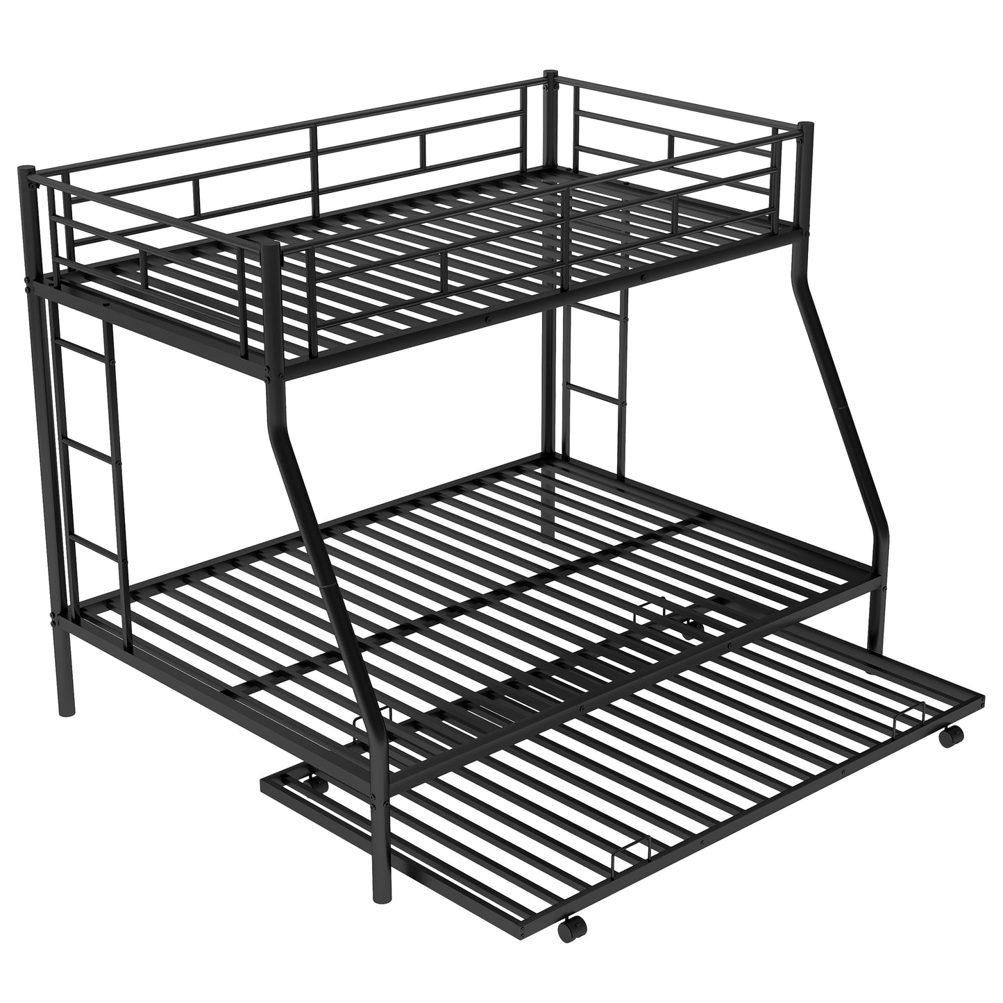 Black Twin over Full Bunk Bed with Steel Frame and Twin Trundle, Two-Side Ladders, Metal Construction